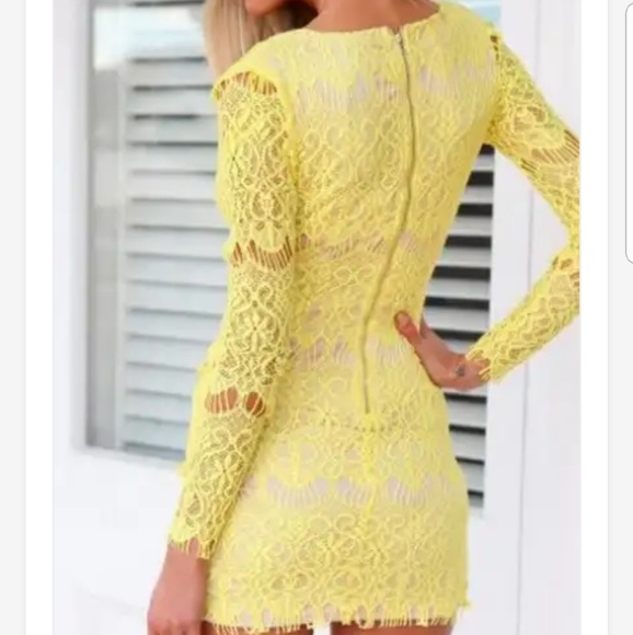 Yellow Deep V Neck Lace Dress - Picture 3 of 8